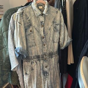 Denim Button-Front Jumpsuit in Acid Wash
